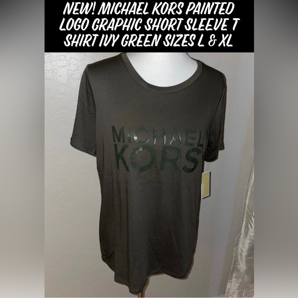 🎉HP🎉New! Michael Kors Painted Logo Graphic Short Sleeve Shirt Green Sizes L XL